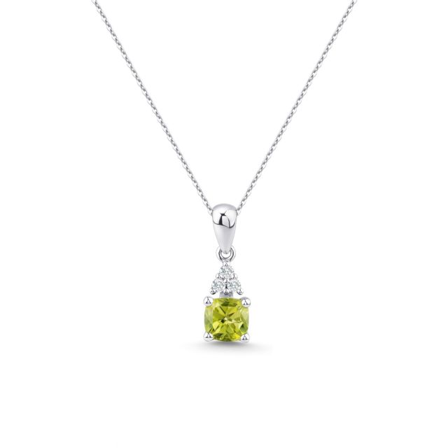 Lanț cu pandantiv din aur alb de 14K cu peridot cu tăietură cushion și diamante