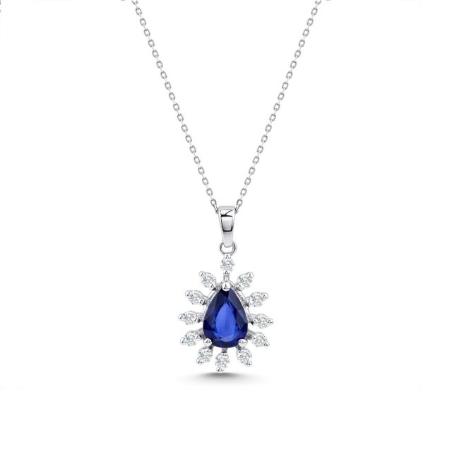 Lanț cu pandantiv din aur alb de 14K cu safir lacrimă tratat și diamante