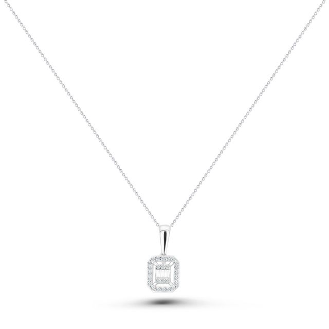 Lanț cu pandantiv din aur alb de 14K cu diamante baghetă și rotunde (0,11 ct)