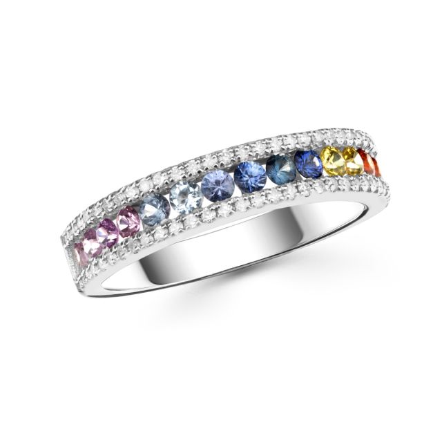 Inel Cornelia din aur alb de 14K cu safire multicolore de laborator și diamante naturale