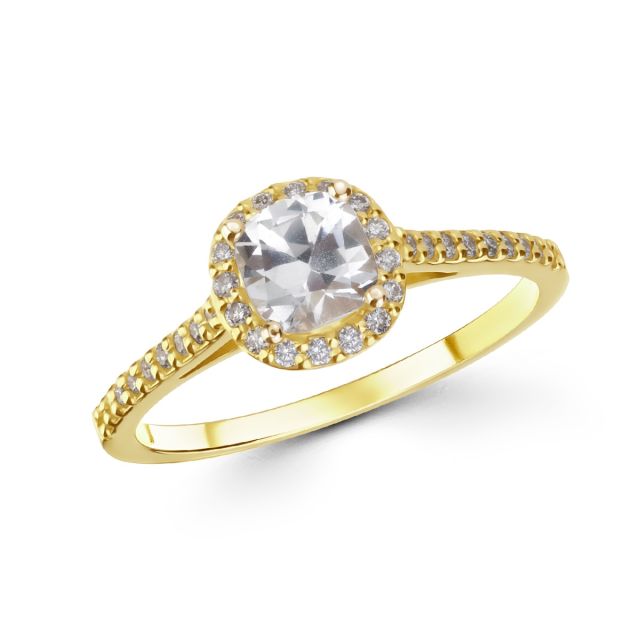 Inel din aur de 14K cu safir alb cu tăietură cushion și diamante