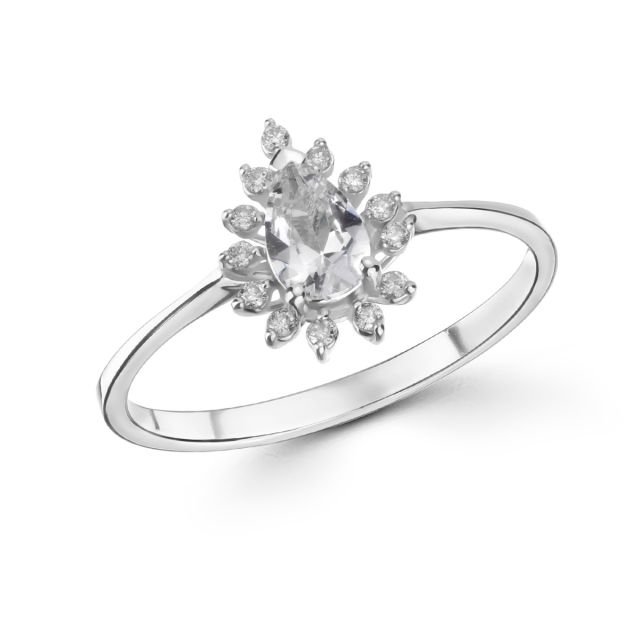 Inel din aur de 14K cu safir alb lacrimă și diamante