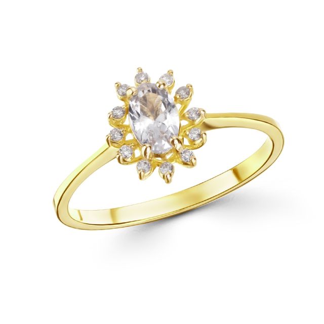 Inel din aur de 14K cu safir alb oval și diamante