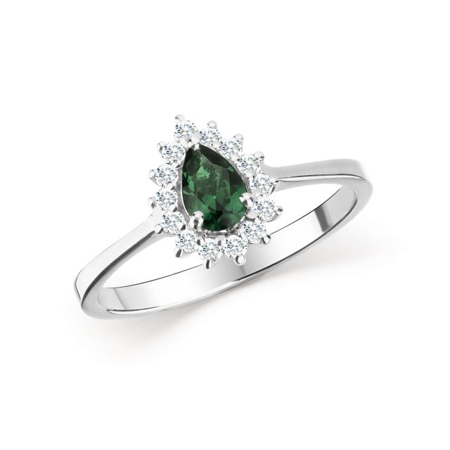 Inel din aur alb de 14K cu smarald de laborator lacrimă și diamante naturale