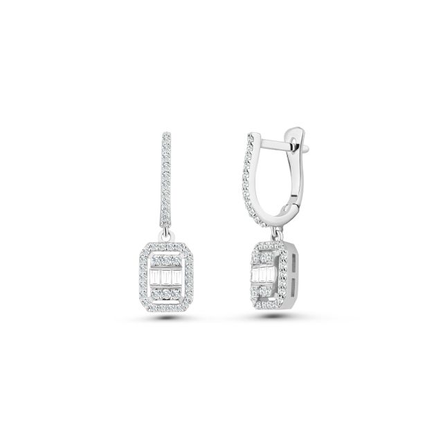 Cercei lungi din aur alb de 14K cu diamante baghetă și rotunde (0,59 ct)