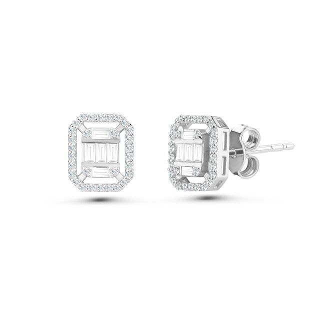Cercei din aur alb de 14K cu diamante baghetă și rotunde (0,46 ct)
