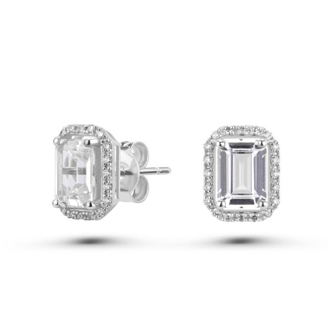 Cercei din aur alb de 14K cu safire albe cu tăietură emerald și diamante