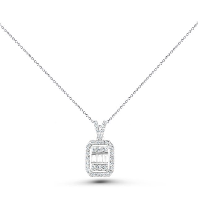 Lanț cu pandantiv din aur alb de 14K cu diamante baghetă și rotunde (0,27 ct)