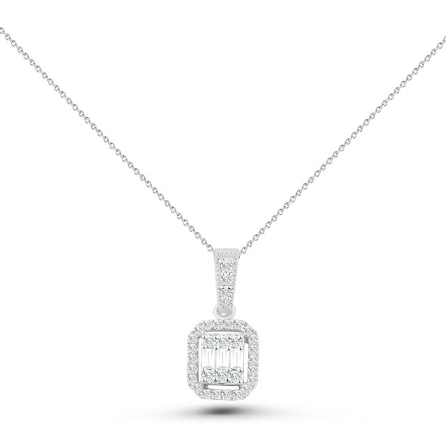 Lanț cu pandantiv din aur alb de 14K cu diamante baghetă și rotunde (0,18 ct)