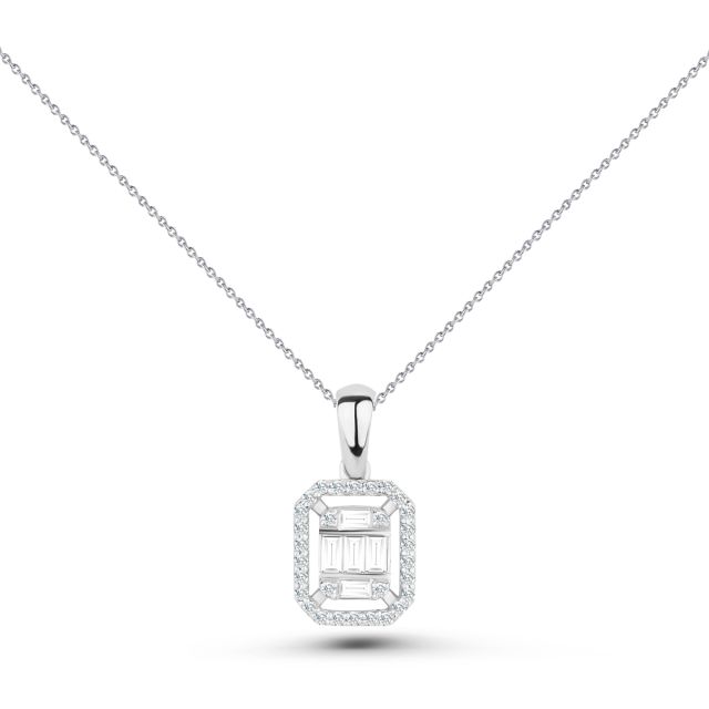 Lanț cu pandantiv din aur alb de 14K cu diamante baghetă și rotunde (0,23 ct)