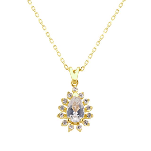 Lanț cu pandantiv din aur de 14K cu safir alb lacrimă și diamante