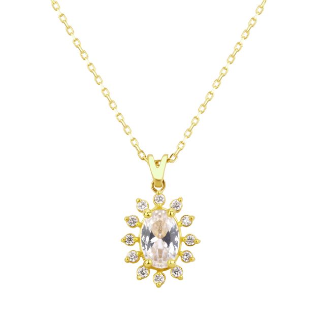 Lanț cu pandantiv din aur de 14K cu safir alb oval și diamante
