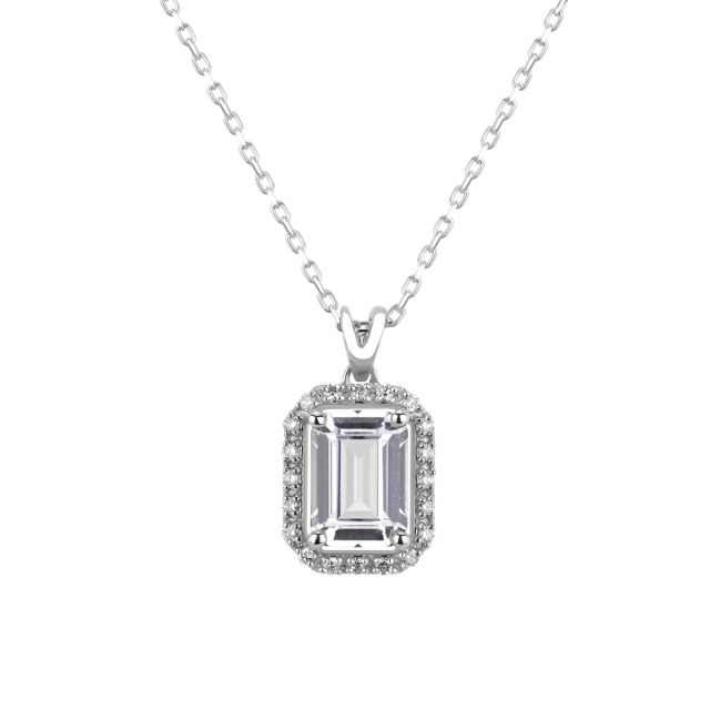 Lanț cu pandantiv din aur alb de 14K cu safir alb cu tăietură emerald și diamante