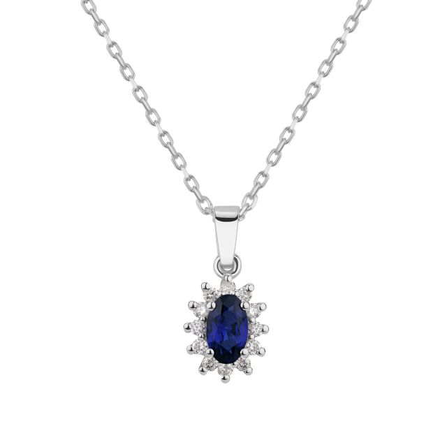 Lanț cu pandantiv din aur alb de 14K cu safir oval de laborator și diamante naturale