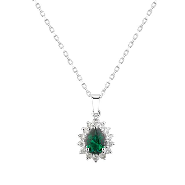 Lanț cu pandantiv din aur alb de 14K cu smarald lacrimă de laborator și diamante naturale