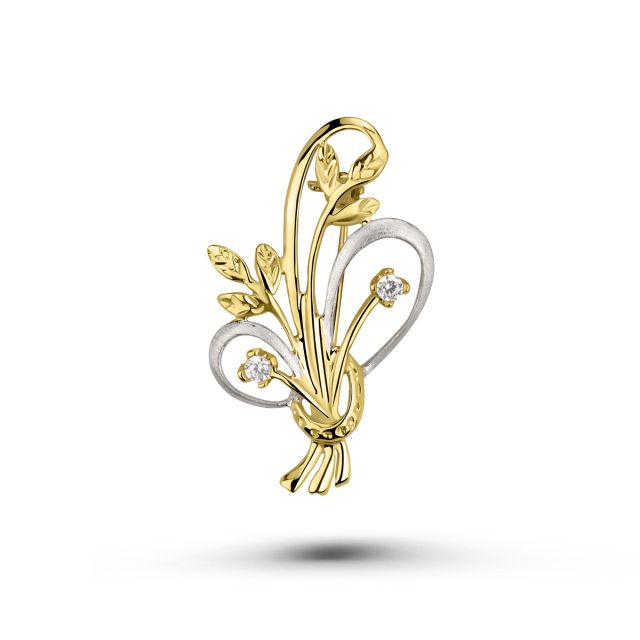 Broșă buchet din aur galben de 14K cu rodiu alb cu pietre cubic zirconia