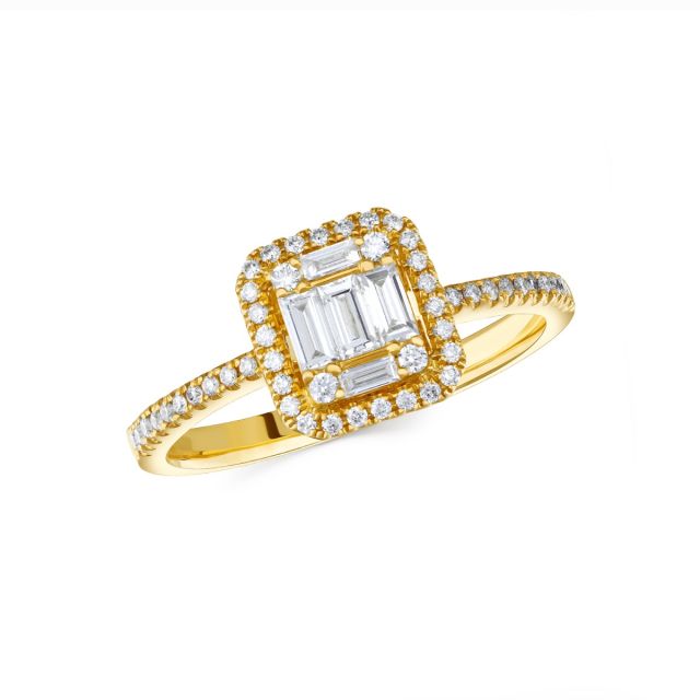 Inel din aur galben de 18K cu diamante baghetă și rotunde cu montură de tip iluzie (0,440 ct)