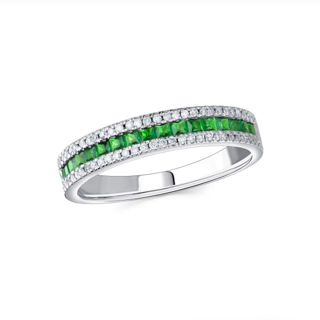 Inel semi-eternity din aur alb de 14K cu tsavorite cu tăietură princess și diamante rotunde