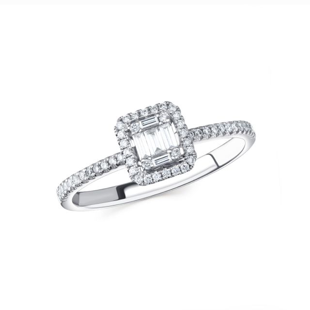 Inel din aur alb de 18K cu diamante baghetă și rotunde cu montură de tip iluzie (0,230 ct)