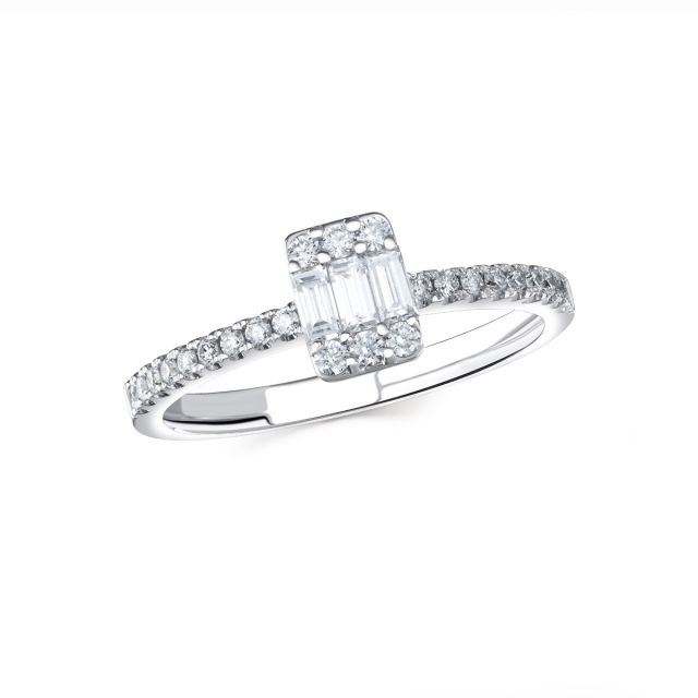 Inel din aur alb de 18K cu diamante baghetă și rotunde cu montură de tip iluzie (0,450 ct)