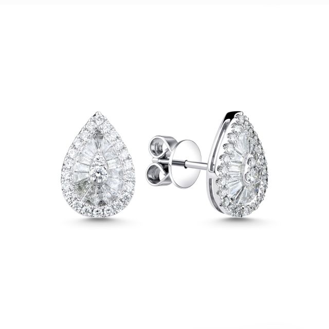 Cercei din aur alb de 18K cu diamante baghetă și rotunde (0,680 ct)