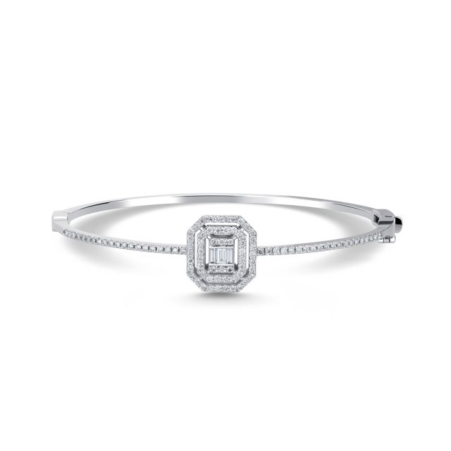 Brățară fixă din aur alb de 14K cu diamante baghetă și rotunde (0,660 ct)