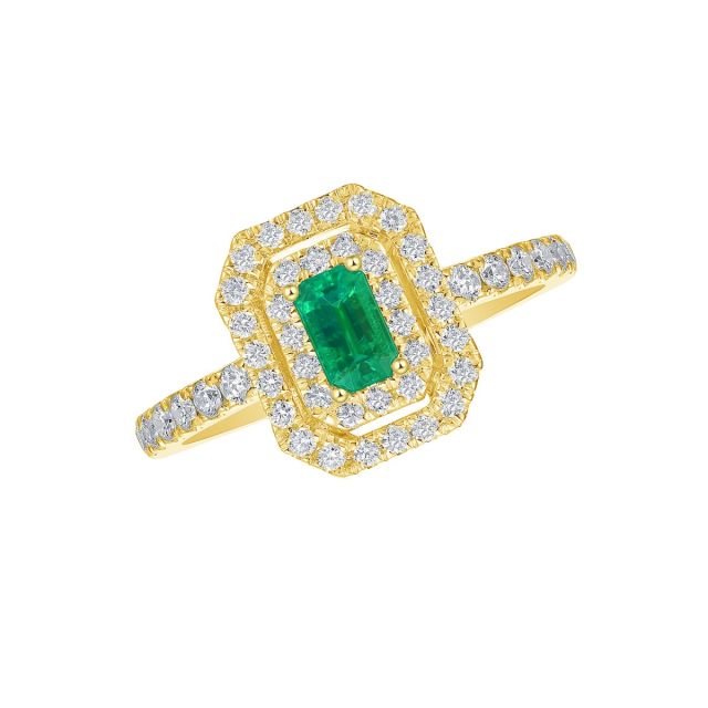 Inel din aur galben de 14K cu smarald cu tăietură emerald și diamante 