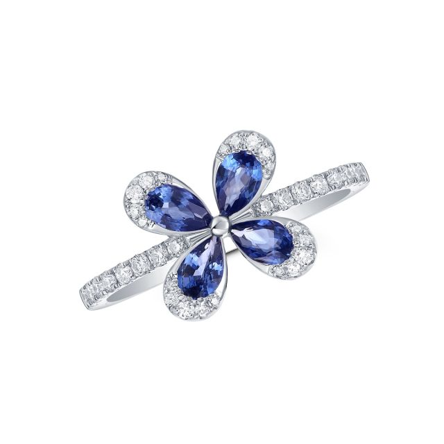 Inel în formă de floare din aur alb de 14K cu safire lacrimă și diamante