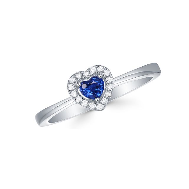 Inel din aur alb de 14K cu safir în formă de inimă și diamante