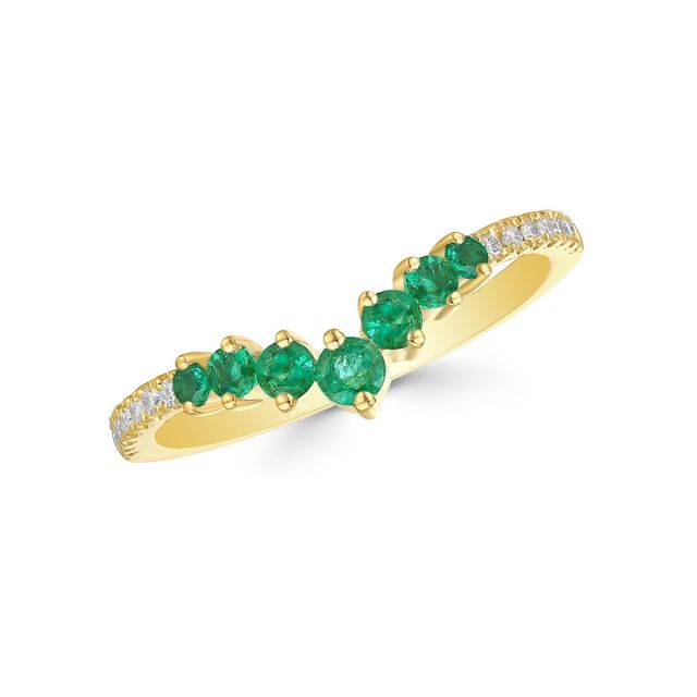 Inel semi-eternity în V din aur galben de 14K cu smaralde și diamante