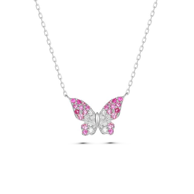 Colier cu fluture din aur de 14K cu safire roz și diamante