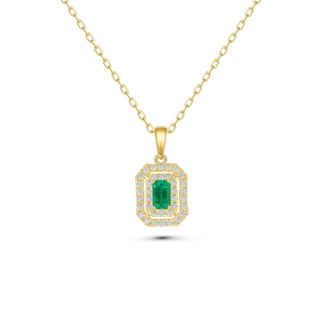 Lanț cu pandantiv din aur galben de 14K cu smarald cu tăietură emerald și diamante