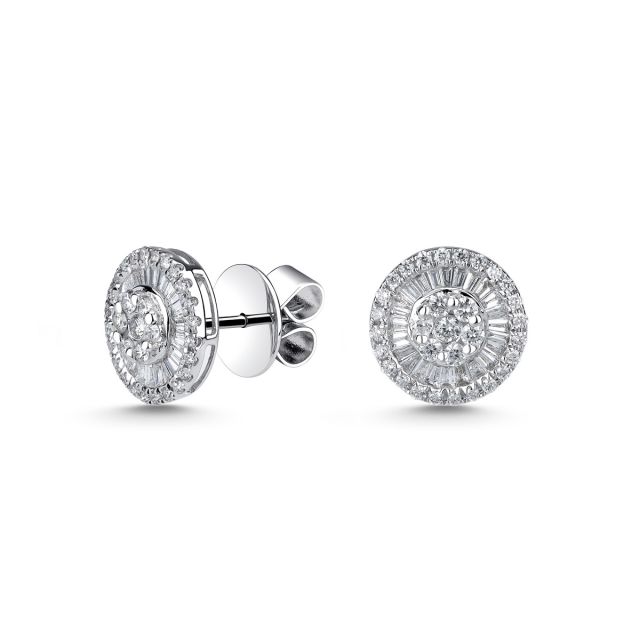 Cercei din aur alb de 18K cu diamante baghetă și rotunde (0,83 ct)