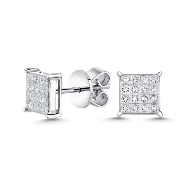 Cercei pătrați din aur alb de 18K cu diamante cu tăietură princess cu montură de tip iluzie (0,690 ct)