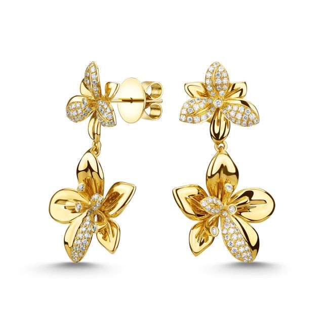 Cercei lungi în formă de floare din aur galben de 18K cu diamante (0,76 ct)