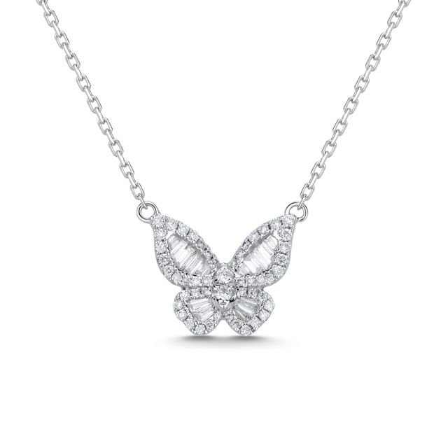 Colier cu fluture din aur alb de 18K cu diamante baghetă și rotunde (0,330 ct)