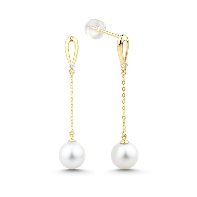 Cercei lungi din aur de 18K cu perle și diamante