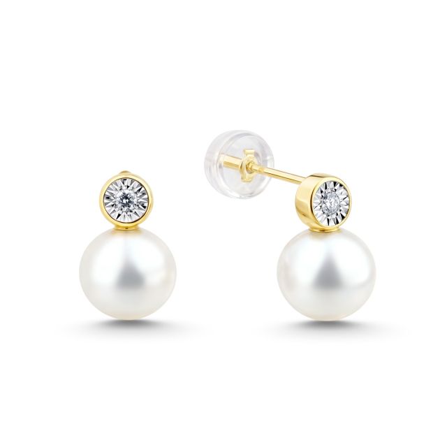 Cercei din aur de 18K cu perle și diamante cu montură de tip iluzie