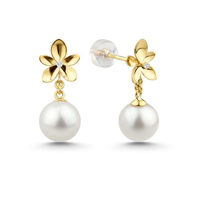 Cercei lungi cu floare din aur de 18K cu perle și diamante