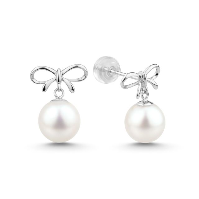 Cercei lungi cu fundițe din aur de 18K cu perle