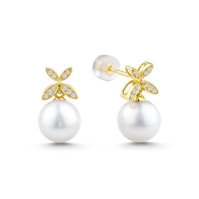 Cercei lungi din aur galben de 18K cu perle Akoya și diamante