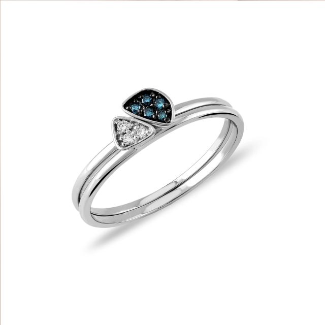 Inel dublu Betina din aur alb de 14K cu diamante albe de 0,03 ct și diamante albastre (0,05 ct)