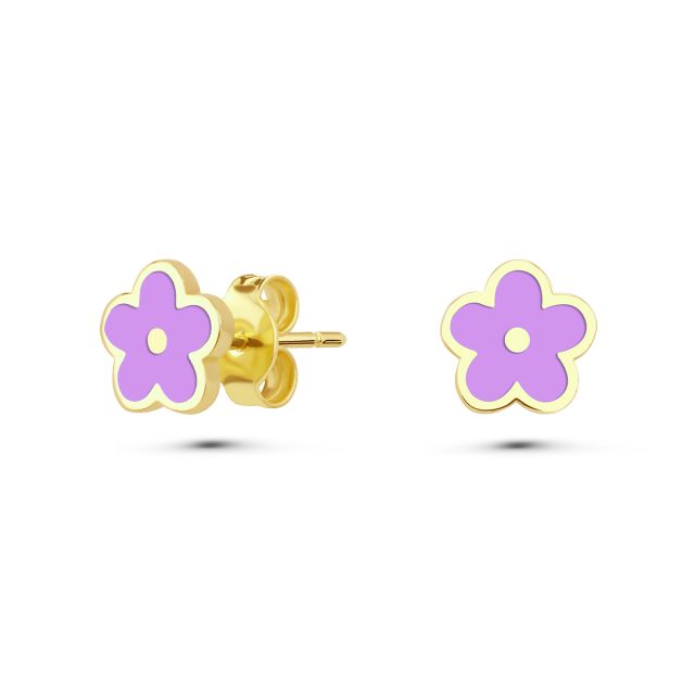 Cercei de tip stud pentru copii din aur galben de 14K cu floare cu email