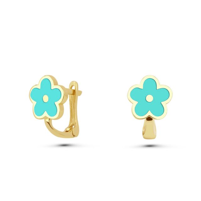 Cercei cu tortiță pentru copii din aur galben de 14K cu floare cu email