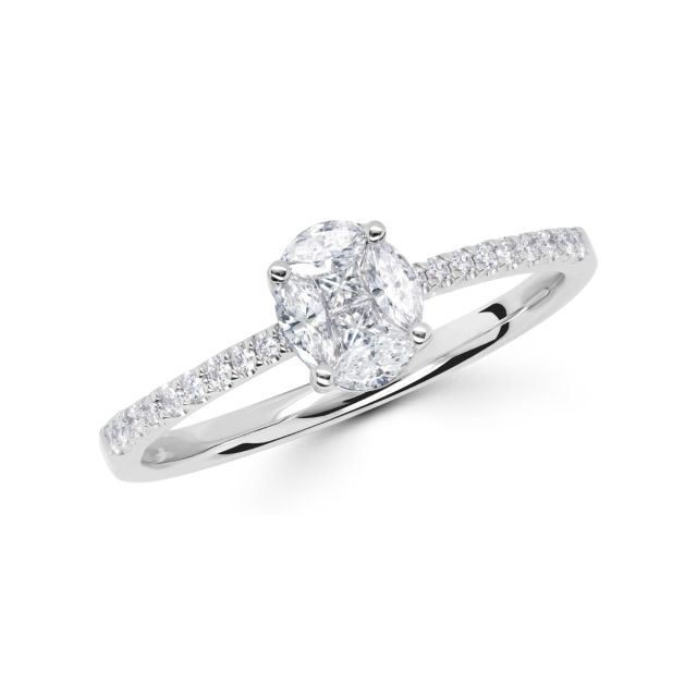 Inel din aur alb de 18K cu formă ovală cu diamante princess și marchiză cu montură de tip iluzie (0,41 ct)