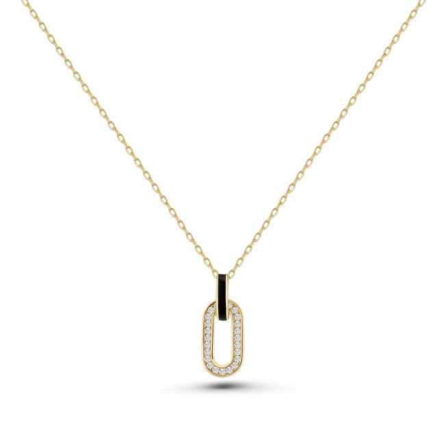 Lanț cu pandantiv Jade din aur de 14K cu pietre cubic zirconia și email negru