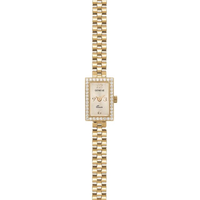 Ceas din aur galben de 14K cu cadran dreptunghiular cu pietre cubic zirconia