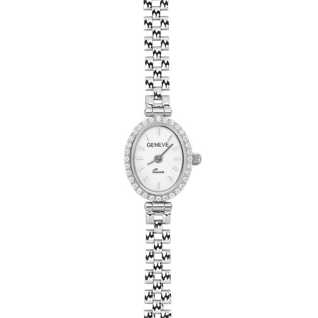 Ceas din aur alb de 14K cu cadran oval cu pietre cubic zirconia