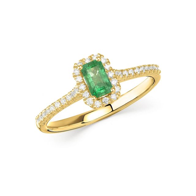 Inel Adriana din aur de 18K cu smarald cu tăietură emerald și diamante