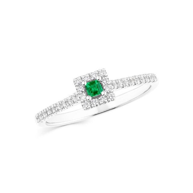 Inel Sophia Mini din aur de 18K cu smarald cu tăietură princess și diamante rotunde